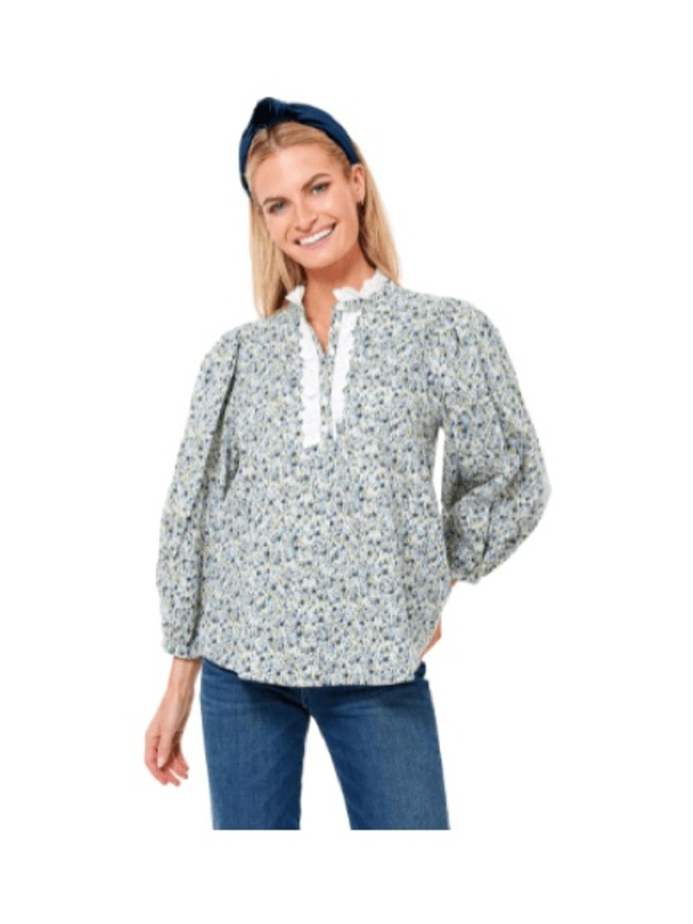 Hyacinth House - Tuckernuck Light Blue Floral Ruffle-Trim Women’s Blouse